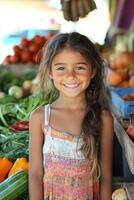 Young girl smiling among fresh vegetables at a vibrant farmers market on a sunny day photo