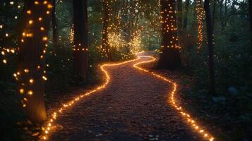 Serene winding path illuminated by fairy lights in a tranquil forest during twilight hours photo