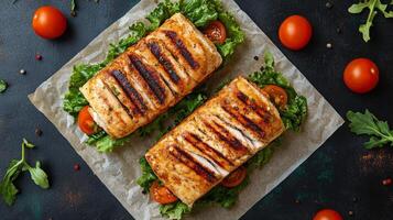 Grilled chicken sandwich with lettuce and tomato on yellow background photo