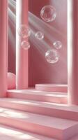 Bright pink interior with floating bubbles and sunlight streaming through a window photo