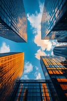 Skyscrapers reaching for the blue sky in a vibrant urban landscape during daylight hours photo