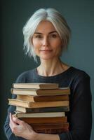 Young woman stands with a stack of old books against a plain background in a well lit setting photo