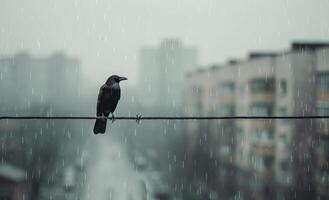 Crow Perched on Wire in Rainy City photo