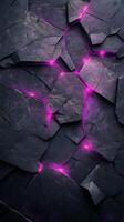 Cracked surface with glowing purple light in a dark environment at night photo