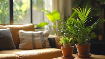 Cozy living room with lush greenery and warm sunlight during the afternoon photo