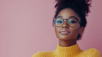 A woman with glasses smiles warmly while wearing a cozy yellow sweater in a casual setting photo