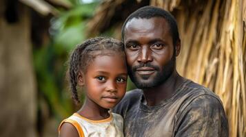 A father and daughter share a tender moment in their rural village during the afternoon photo