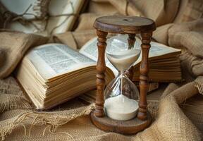 An Hourglass Resting on Vintage Books and Burlap Fabric photo