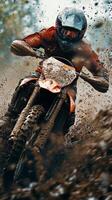 Motocross rider navigating a muddy trail in a forest area during a cloudy day photo