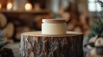 Whipped cream in a glass jar on an aged wooden table photo