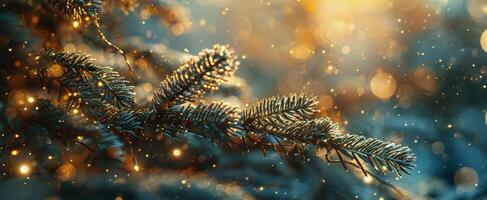 Closeup of Evergreen Tree Branch With Sparkling Lights and Bokeh During Winter photo
