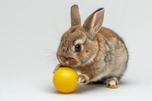 Gray Bunny Holding Yellow Easter Egg on White Background photo