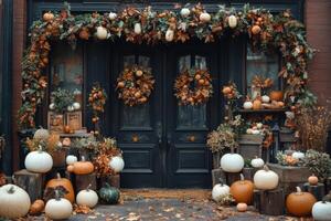A beautifully decorated entrance with pumpkins and autumn foliage in a seasonal display photo