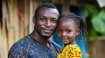 A father and daughter share a tender moment in their rural village during the afternoon photo