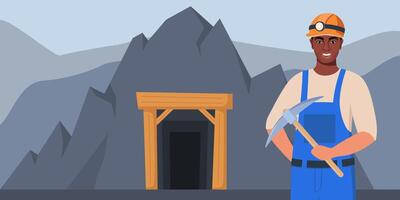 Mine cave entrance. Miner man character, coal or minerals mining, African American worker in uniform with pickaxe. Coal mine tunnel. Extraction Industry. illustration. vector