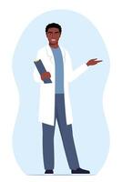 Doctor in medical uniform pointing and showing something with hand. Medicine worker black man explaining and presenting something. flat illustration. vector