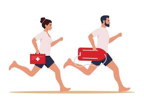 Man and woman lifeguards run along beach to save life of someone drowning. People work as lifeguards. illustration. vector