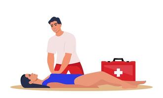 Beach lifeguard performs indirect heart massage to drowning woman rescued from the water. Emergency drowning assistance situation. Cardio Pulmonary Resuscitation. . vector