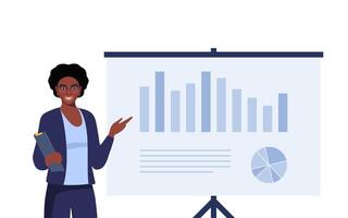 Female speaker pointing at presentation on white board during business seminar. Office worker showing report at whiteboard with pointer. illustration. vector