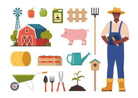 Farmer character and different farm elements. Black Man farmer, barn, pig, fertilizer, haystack, cart, crop, pitchfork, watering can, plant. Set of elements on farm theme. illustration. vector