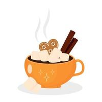 Cup of hot aromatic chocolate or cocoa with marshmallows and cinnamon isolated on white background. illustration vector