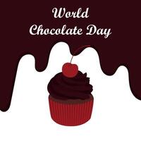 Festive banner design for World Chocolate Day. Chocolate cupcake with cherries on background of flowing chocolate. illustration vector