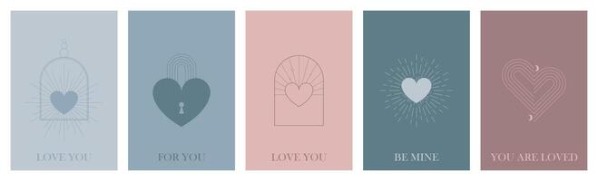 Minimalist Bohemian Valentine's Day cards and wall art prints featuring hearts, sun, and rainbow. Design templates with geometric abstract elements for decoration. illustration vector