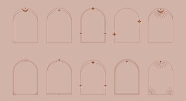 Modern minimalist aesthetic trendy linear frames with stars, arch frames, geometric forms. Decorative set of frames in boho style. illustration vector