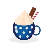 Cup of cocoa with whipped cream, lollipop and piece of chocolate isolated on white background. illustration vector