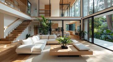 moderno vivo habitación con en corte sofá y grande ventanas foto