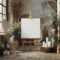 Blank Canvas On Easel In Rustic Studio With Candles and Flowers photo