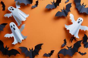 Paper Bats and Ghosts on Orange Background for Halloween photo