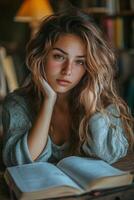 Young woman studying intently with a book in a quiet classroom during the afternoon photo