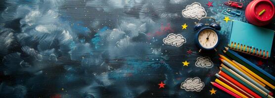 Colorful Pencils and Green Alarm Clock on Black Chalkboard With Cloud Drawing photo