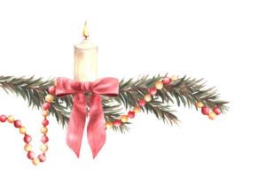 Christmas tree branch with garland and burning white candle with a red bow. Winter advent festive decorated spruce twig. Watercolor hand drawn illustration for greeting card on isolated background png