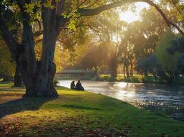 Person Sitting by a River in a Tranquil Autumn Park photo
