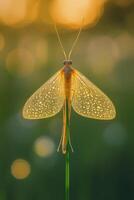 Golden insect resting on a blade of grass during sunset in a natural setting photo