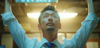 Man in White Shirt Reaching Upwards in Office Setting photo