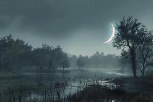 Tranquil Nighttime Scene With Crescent Moon Over Foggy Lake and Silhouetted Trees photo