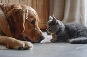 Golden Retriever Dog and Grey Cat Looking at Each Other on a Hardwood Floor photo