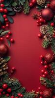 Red Background With Christmas Decorations and Pine Cones photo