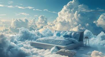 Bed Above The Clouds With Blue Sky And Fluffy Pillows photo