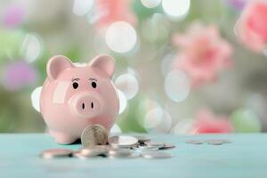 Piggy Bank and Coins on Blue Background photo