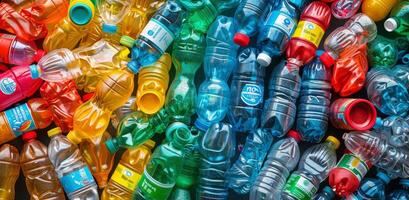 A Collection of Colorful Plastic Bottles on a Dark Surface photo