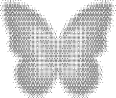 Bitmap pattern abstract butterfly shape. Halftone gradient element. Dither noisy grunge texture. Graphic abstract icon. Noisy grunge texture. png