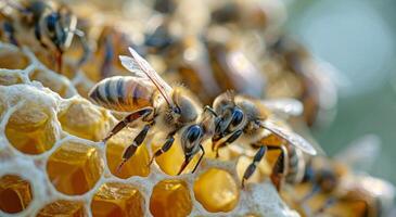 Closeup of Honey Bee Working on Honeycomb photo