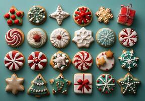 Decorated Christmas Cookies With Festive Designs on Teal Background photo