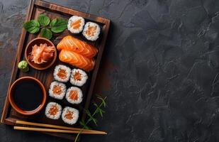 Salmon Nigiri Sushi on a Black Plate With Soy Sauce and Chopsticks photo