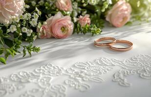 White Lace Fabric and Pink Flowers With Gold Wedding Bands on a White Background photo