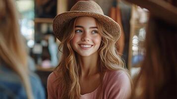 Young woman smiling while wearing a cap in a vibrant indoor setting during daytime photo